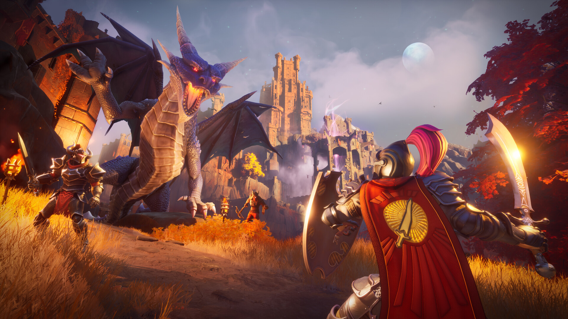 A towering dragon roars over armored defenders