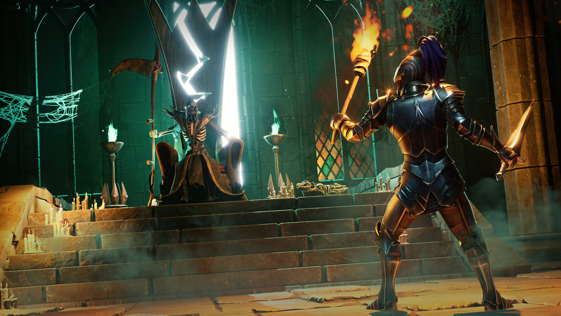 An armored delver faces a guardian in a torchlit vault hall
