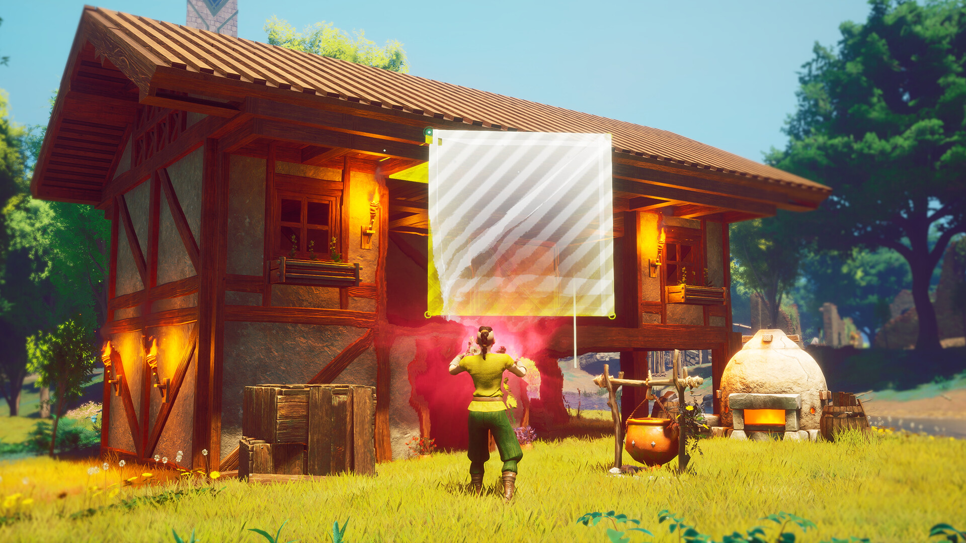 A survivor places building pieces on a starter house