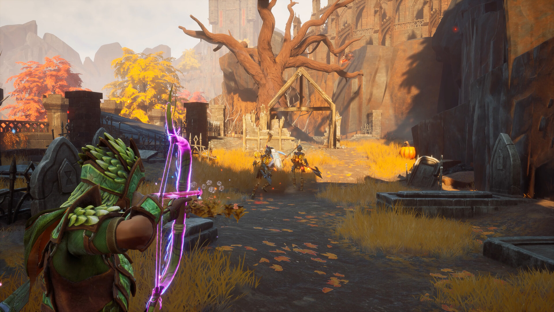 A ranger draws a rune-glowing bow among autumn graves