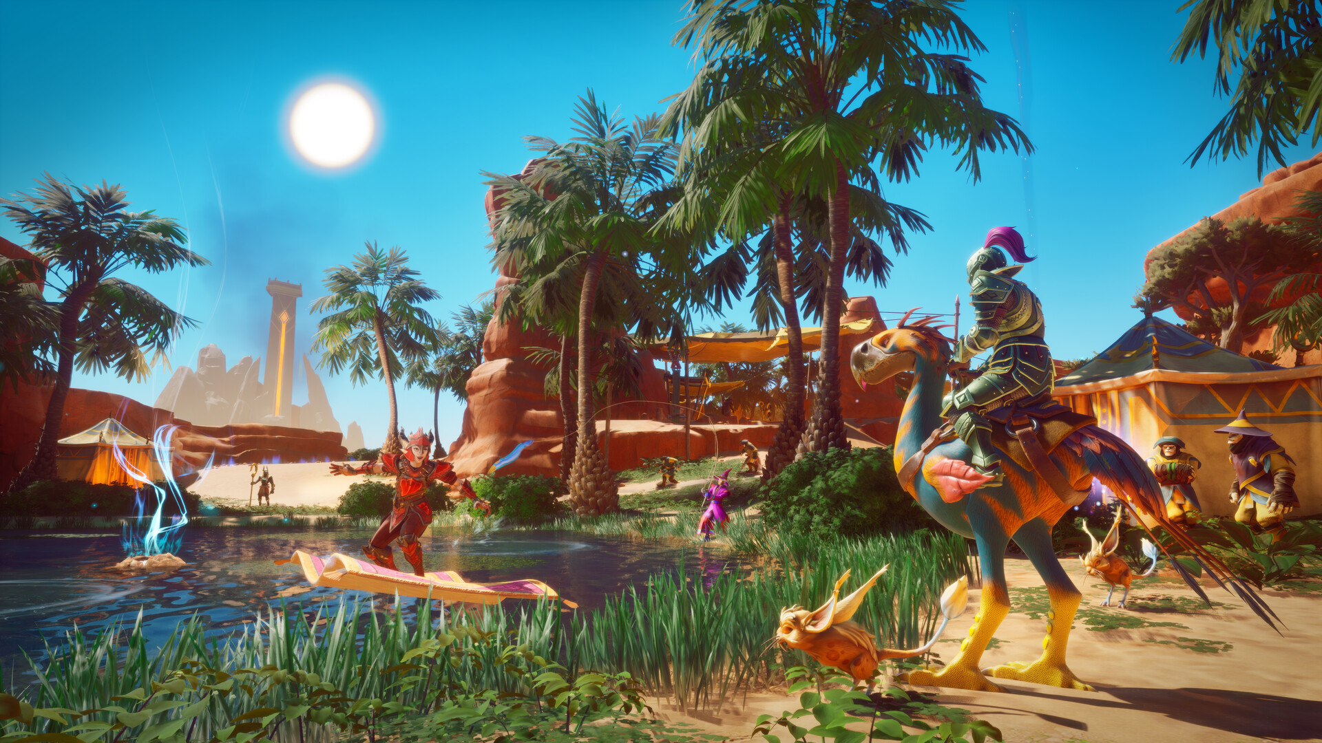The sun blazes over the Umbral Sands oasis in Dragonwilds