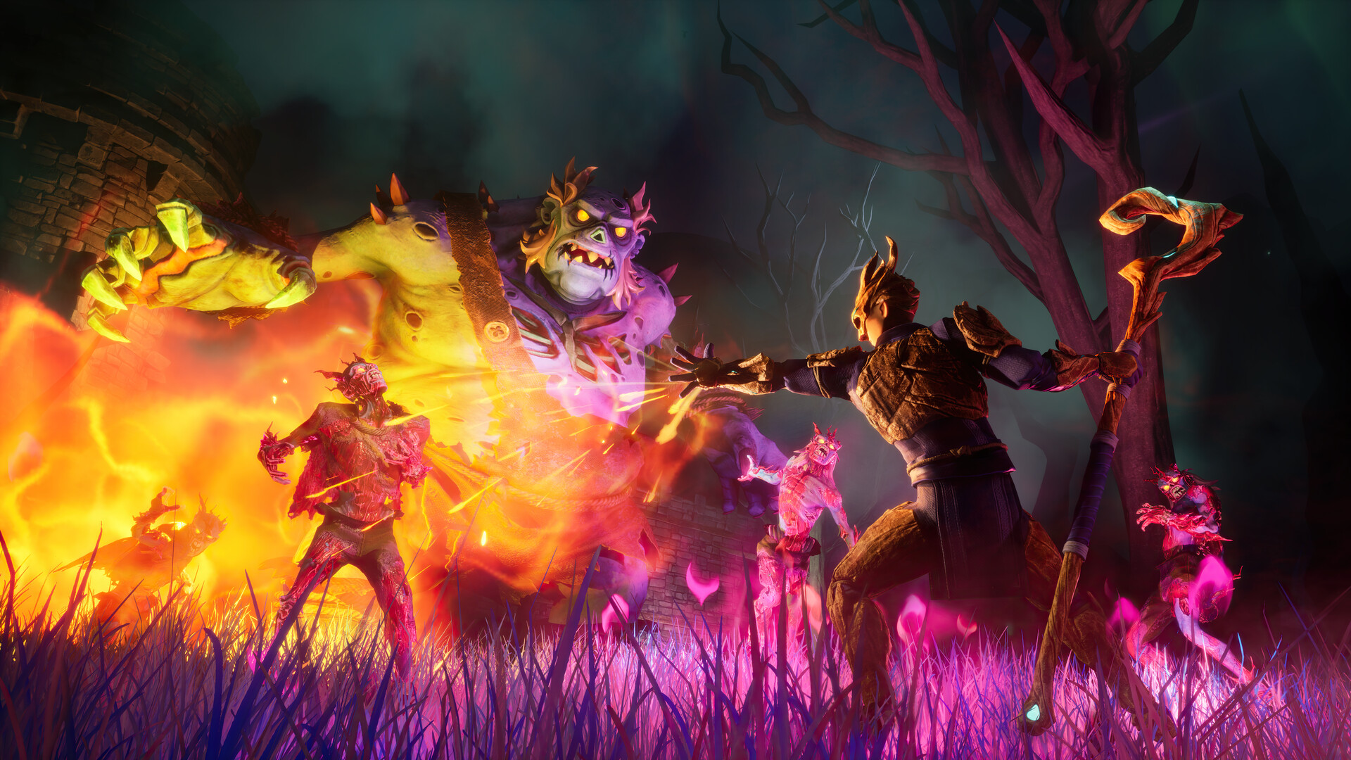 A zogre looms over a necromancer in the Bloodblight Swamp