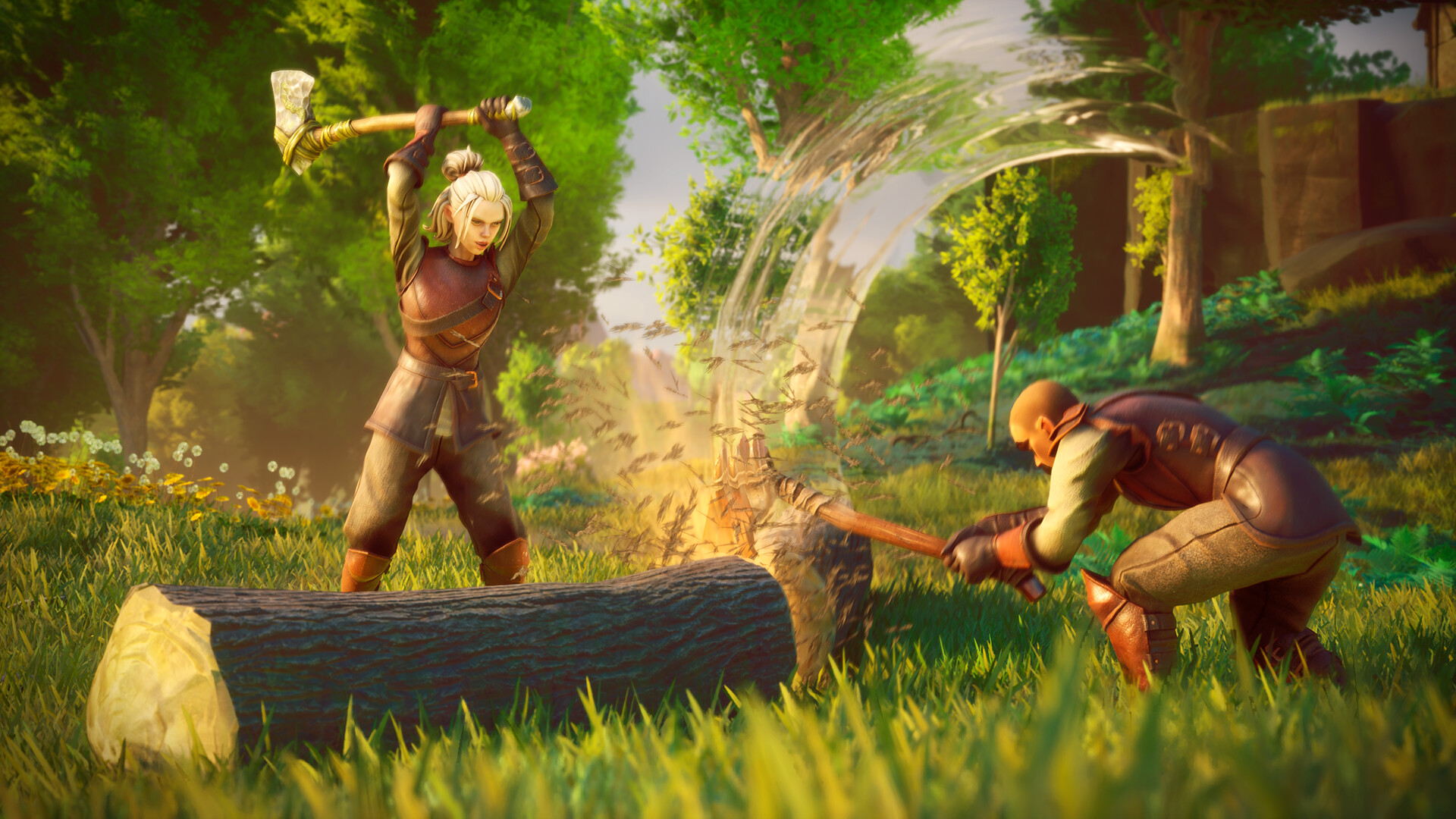 Two survivors chop a fallen log with a runic axe in Dragonwilds