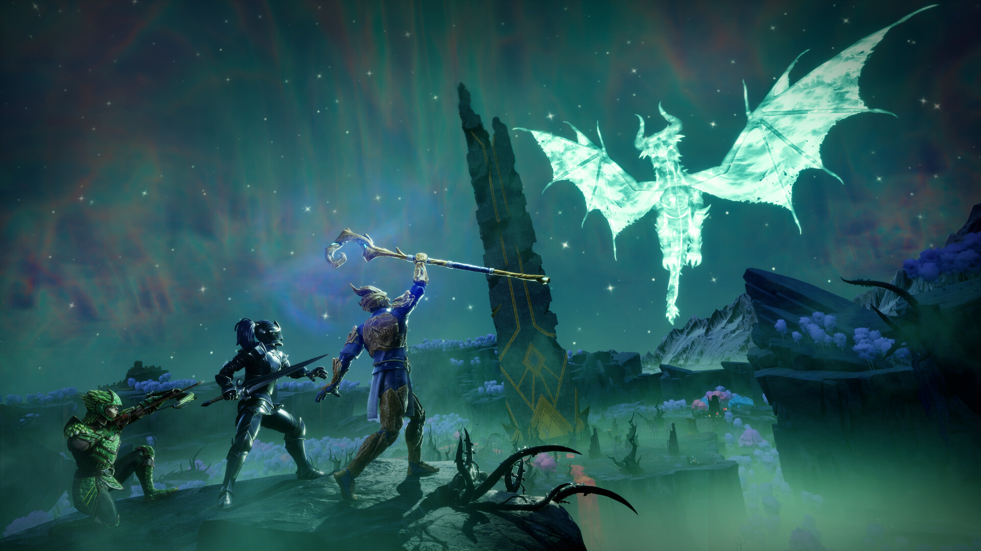 A spectral dragon manifests in the aurora-lit night above three adventurers