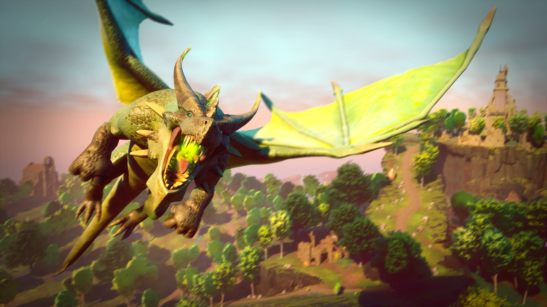 A green dragon swoops over a ruined village in RuneScape: Dragonwilds